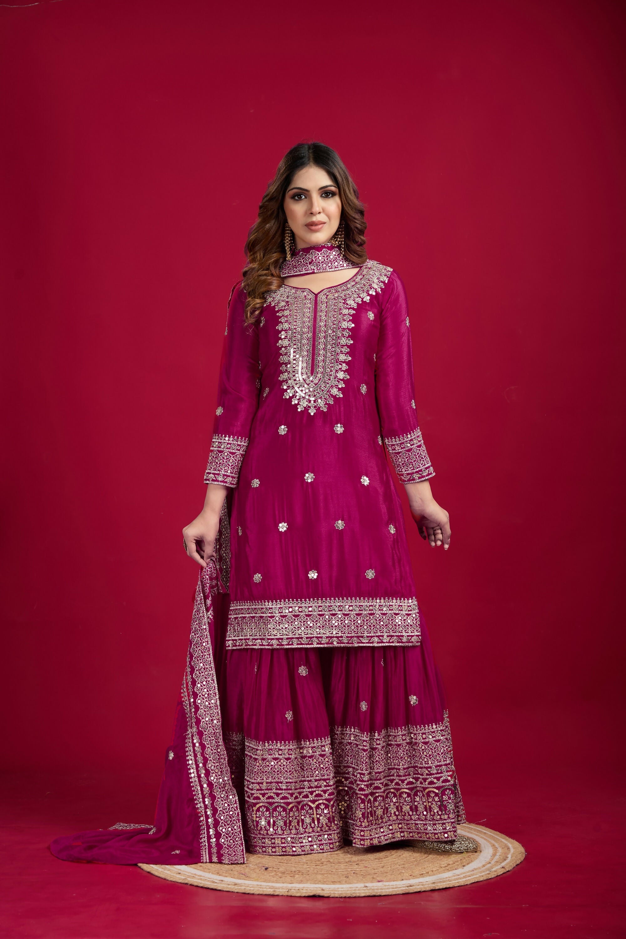 Joban Fashion Rani Kurta Set Silk Sequins , Zari, Coding & Thread Embroidered work
