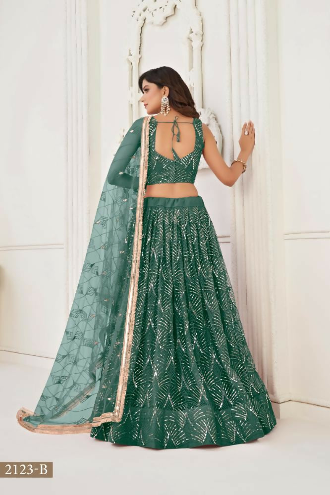 Aastha Fashion Bottle Green Butterfly Net Tone To Tone Thread Work, Sequence Work And Original Mirror Work Embroidery Wedding Wear Lehenga Choli
