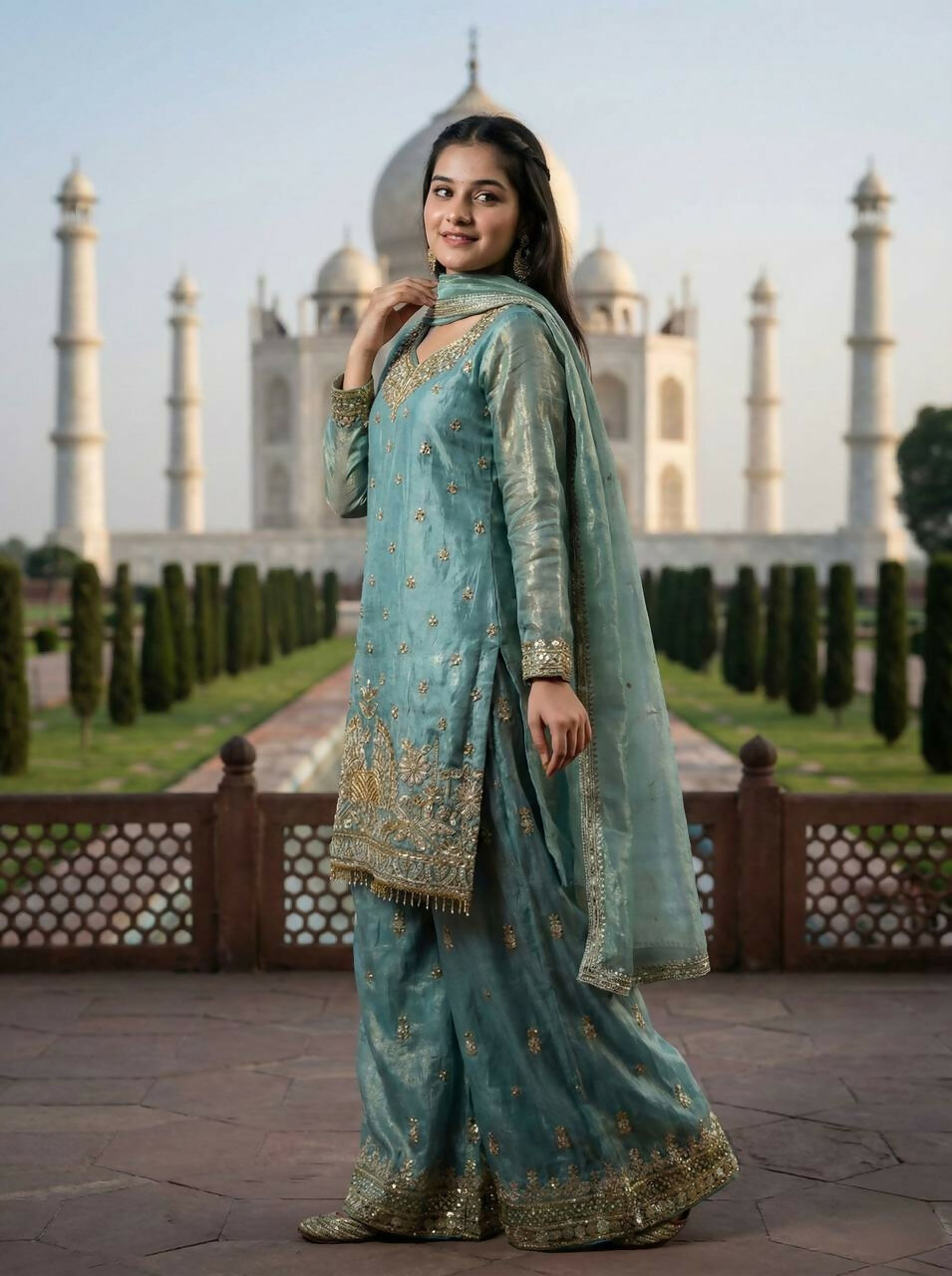 Teeya Creation Teal Fendy Silk Heavy Embroidery Work Party Wear Palazzo Suit