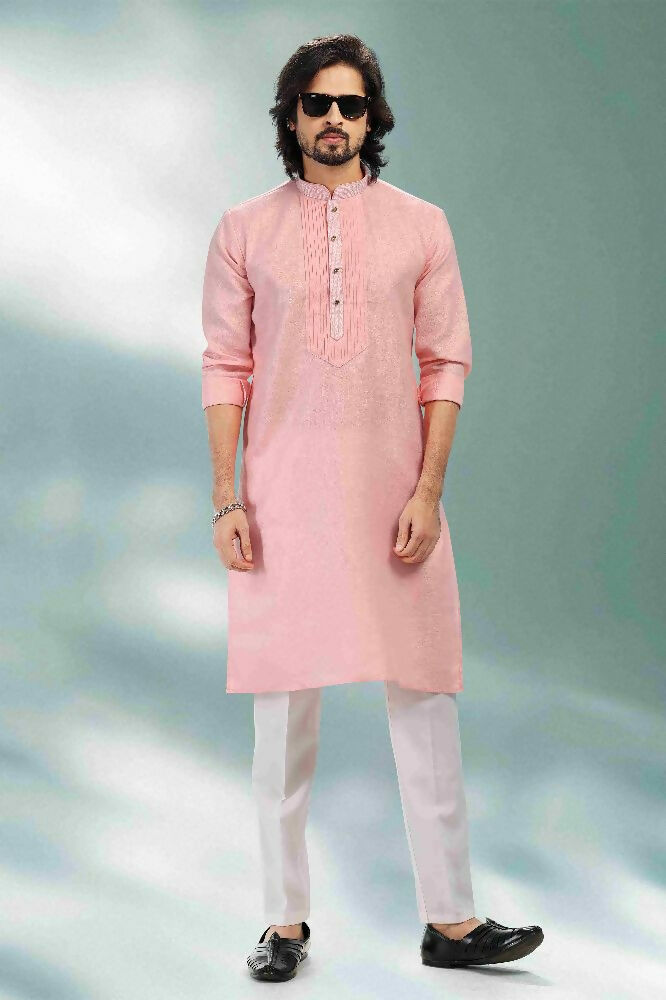 Raivat Ethnic Linen Cotton Pintux Work Kurta Pajama In Pink Colour