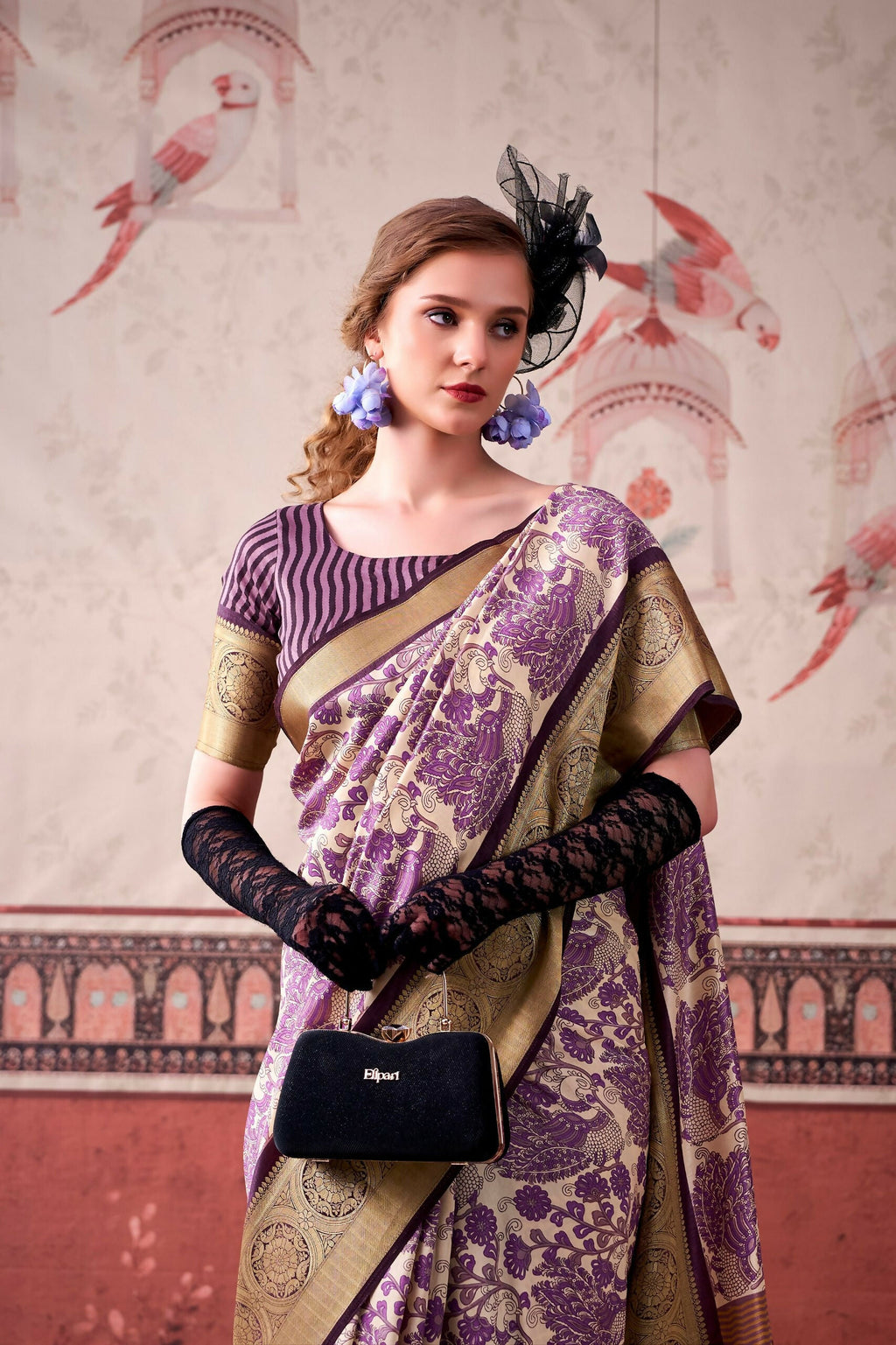 Vastranavya Lavender Tussar Silk Printed with Viscose Border Saree & Unstitched Blouse