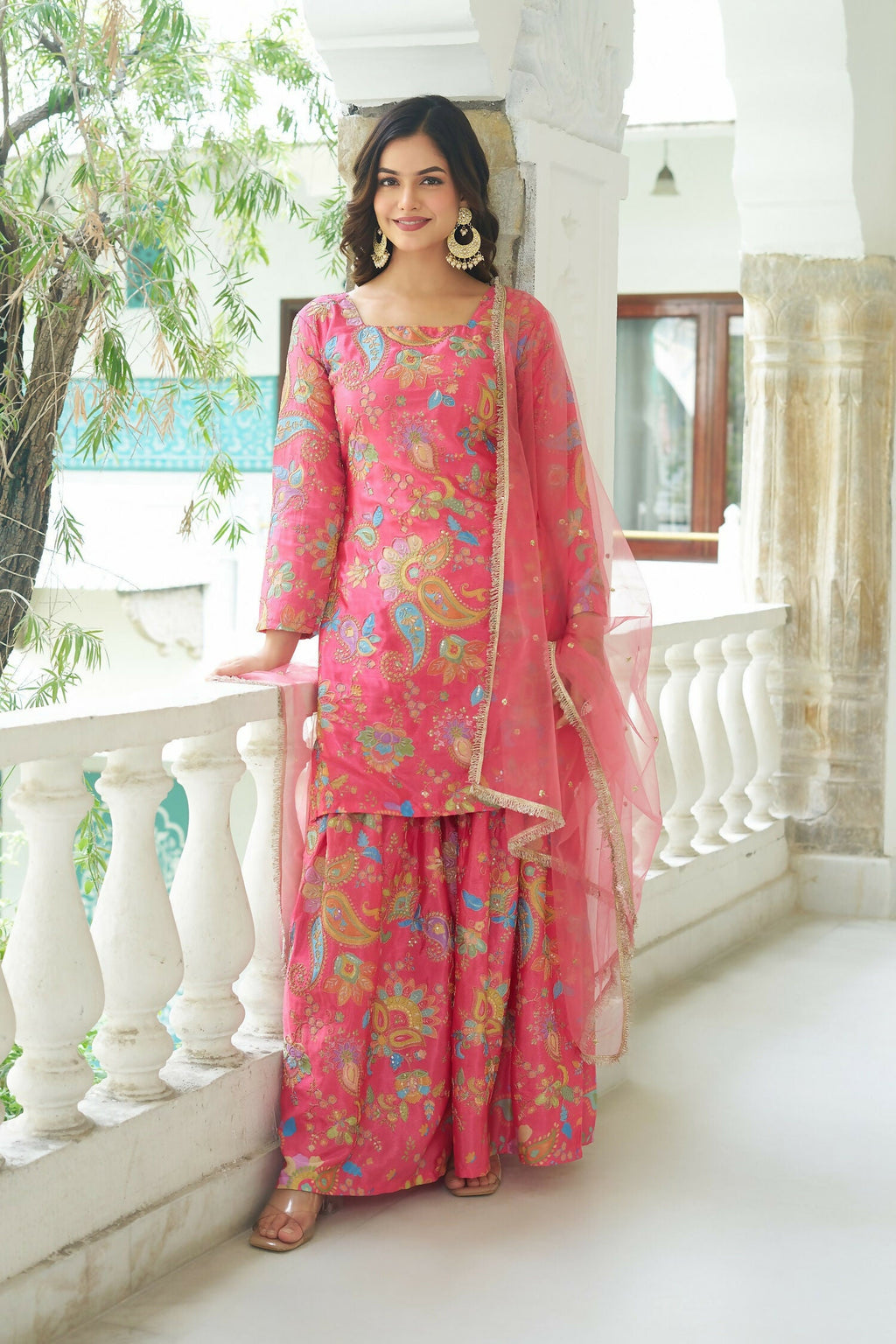 Joban Fashion Pink Kurta Set Chinnon Embroidery Sequence Work
