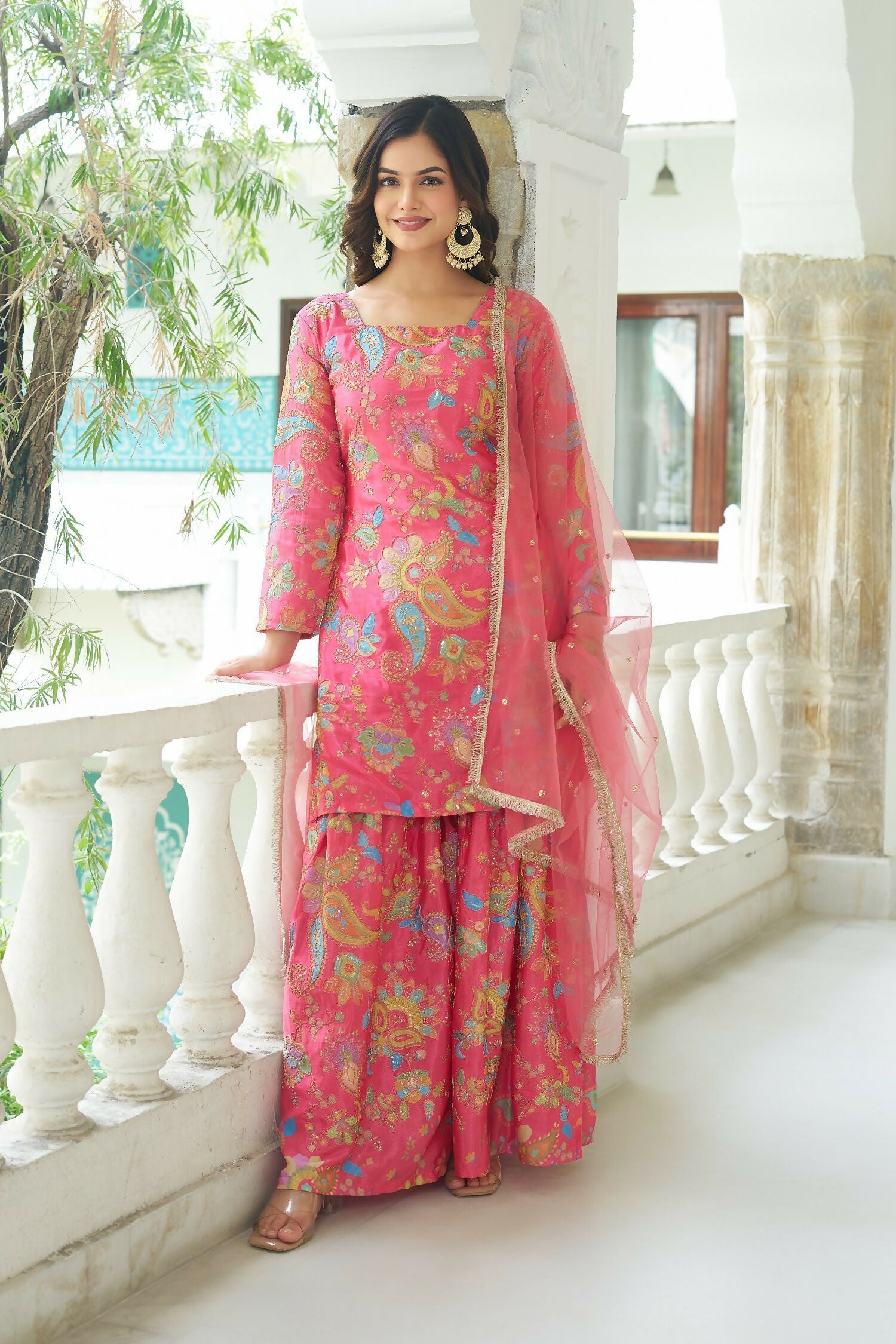 Joban Fashion Pink Kurta Set Chinnon Embroidery Sequence Work