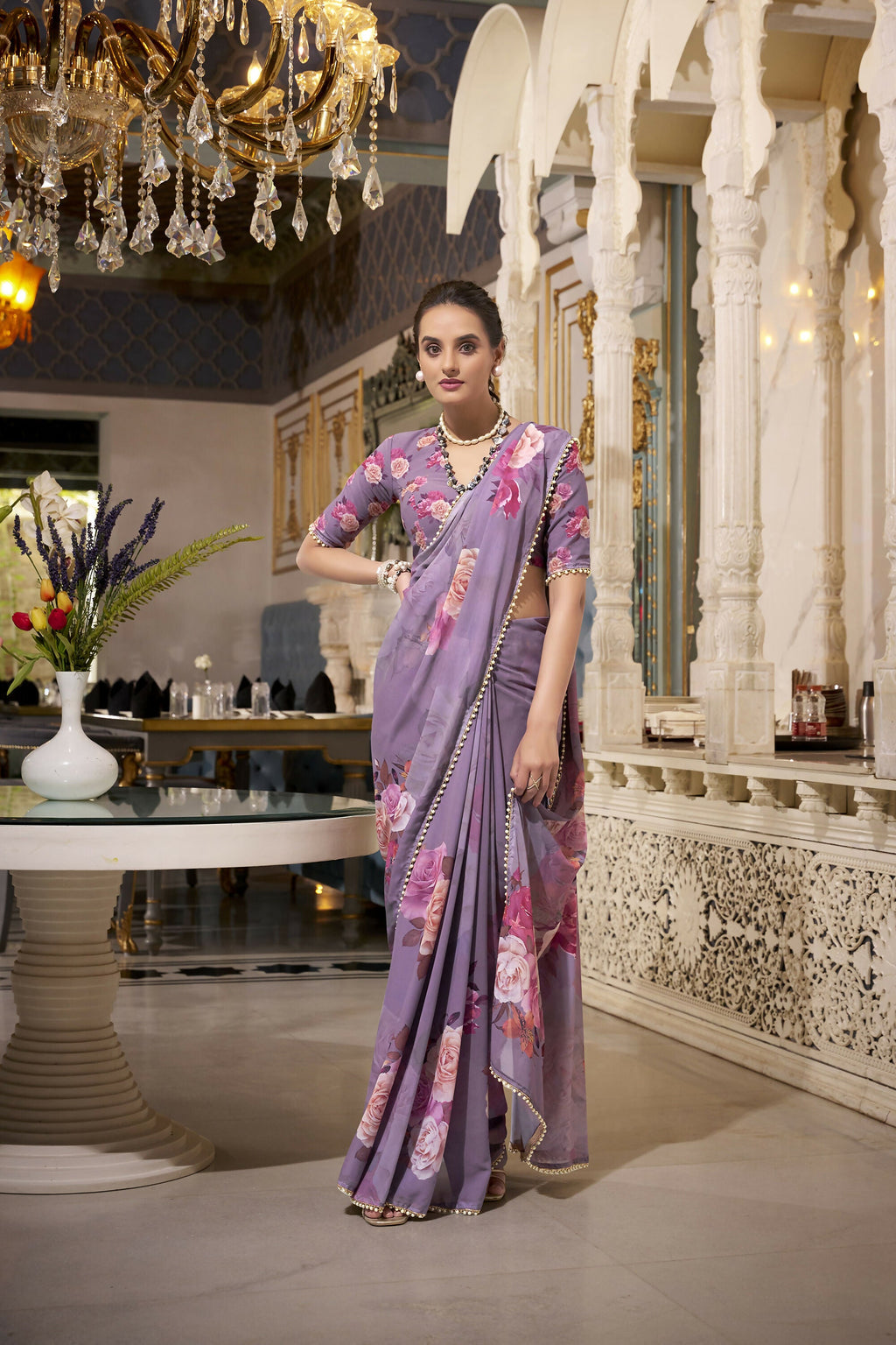 Vastranavya Grey Spectacular Georgette Printed with Pearl Lace Saree with Unstitched Blouse