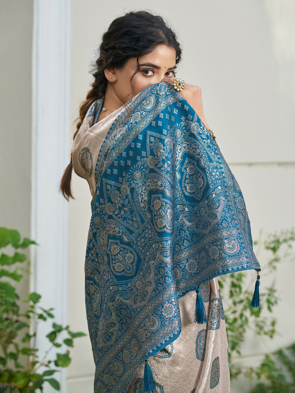 Shree Shyam Fashion Cream With Blue Silk Blend Saree