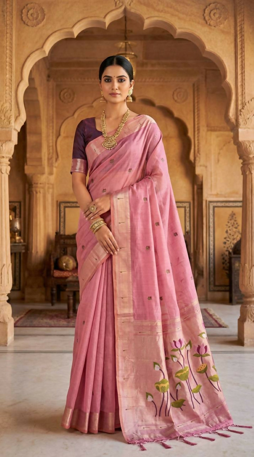 Vastranavya Pink Muga Cotton Meenakari & Munia Weaving Pallu Saree with Contrast Blouse