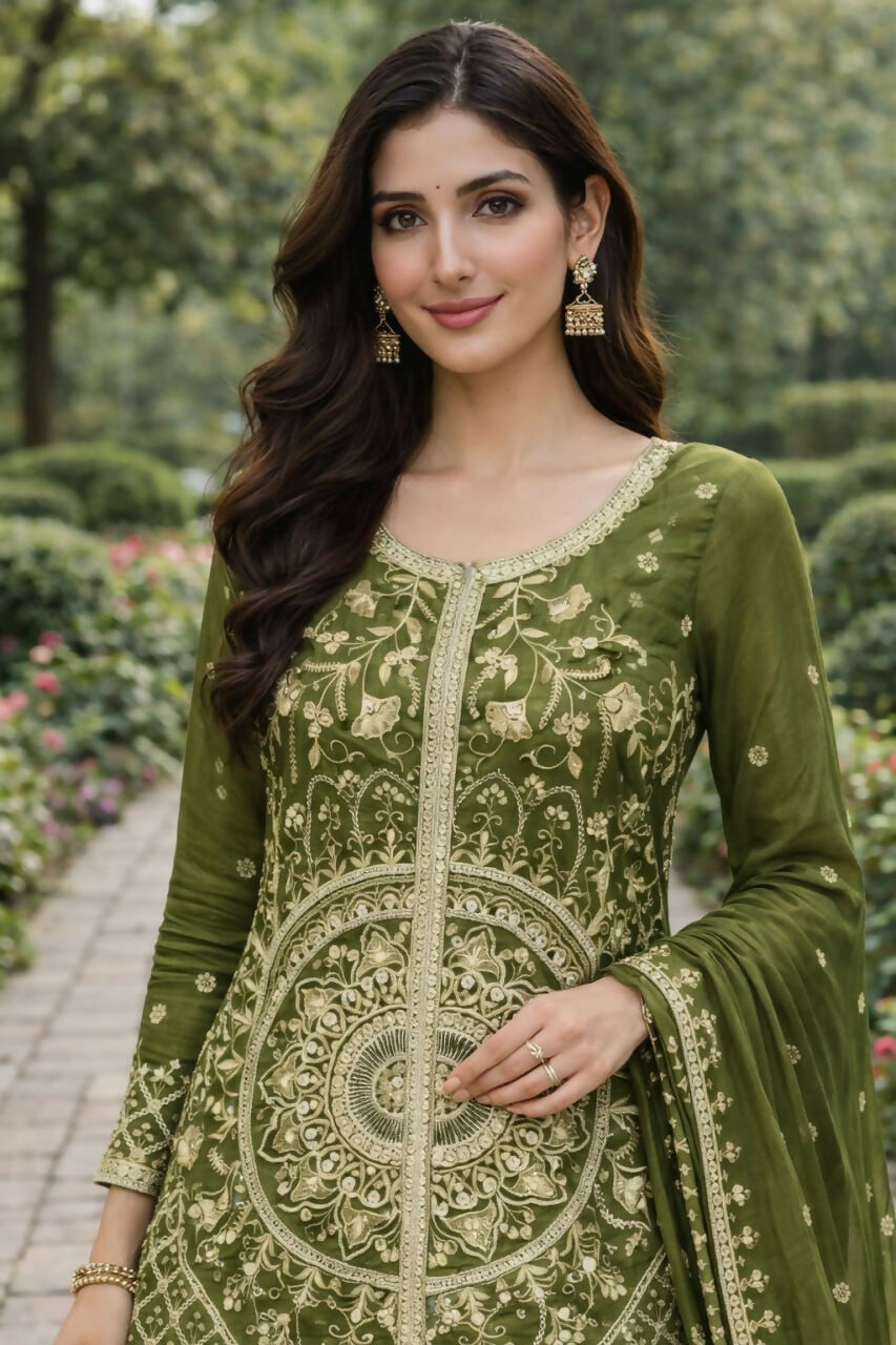 Teeya Creation Green Color Chinon Silk Wedding Wear Trending Palazzo Set