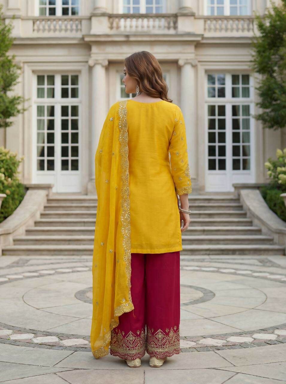 Teeya Creation Yellow Chinon Silk Embroidery Work Party Wear Palazzo Pair