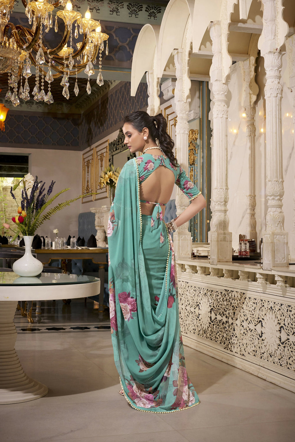 Vastranavya Green Spectacular Georgette Printed with Pearl Lace Saree with Unstitched Blouse