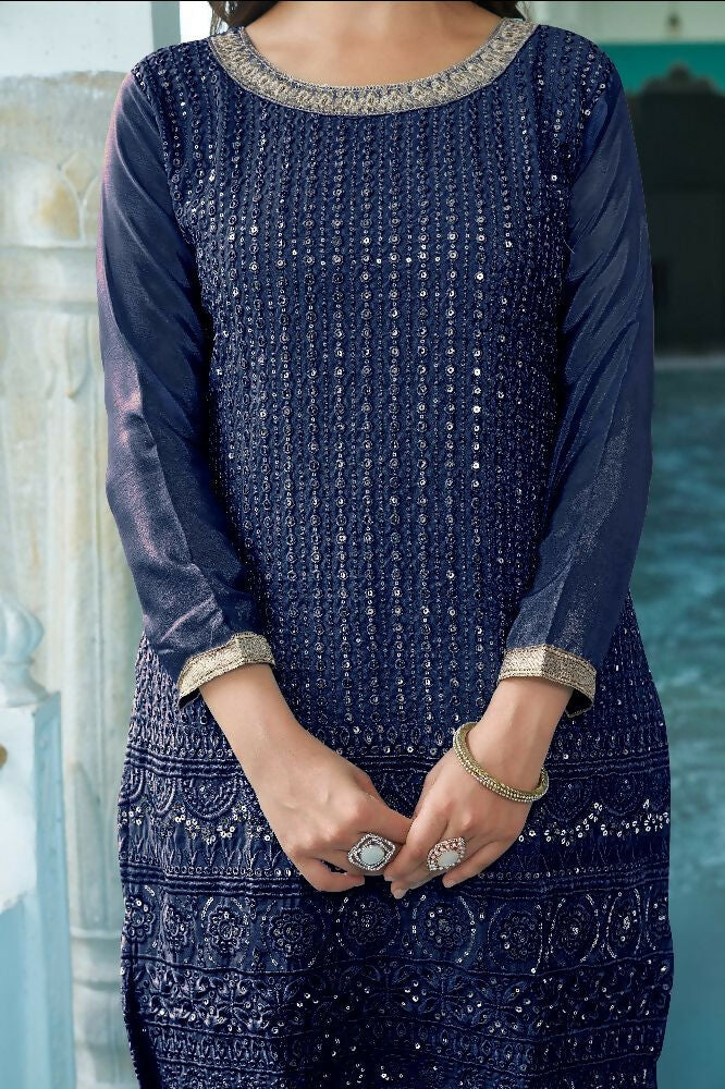 Teeya Creation Blue Colour Chinnon Silk Heavy Embroidery Work Fully Stitched Salwar Suit
