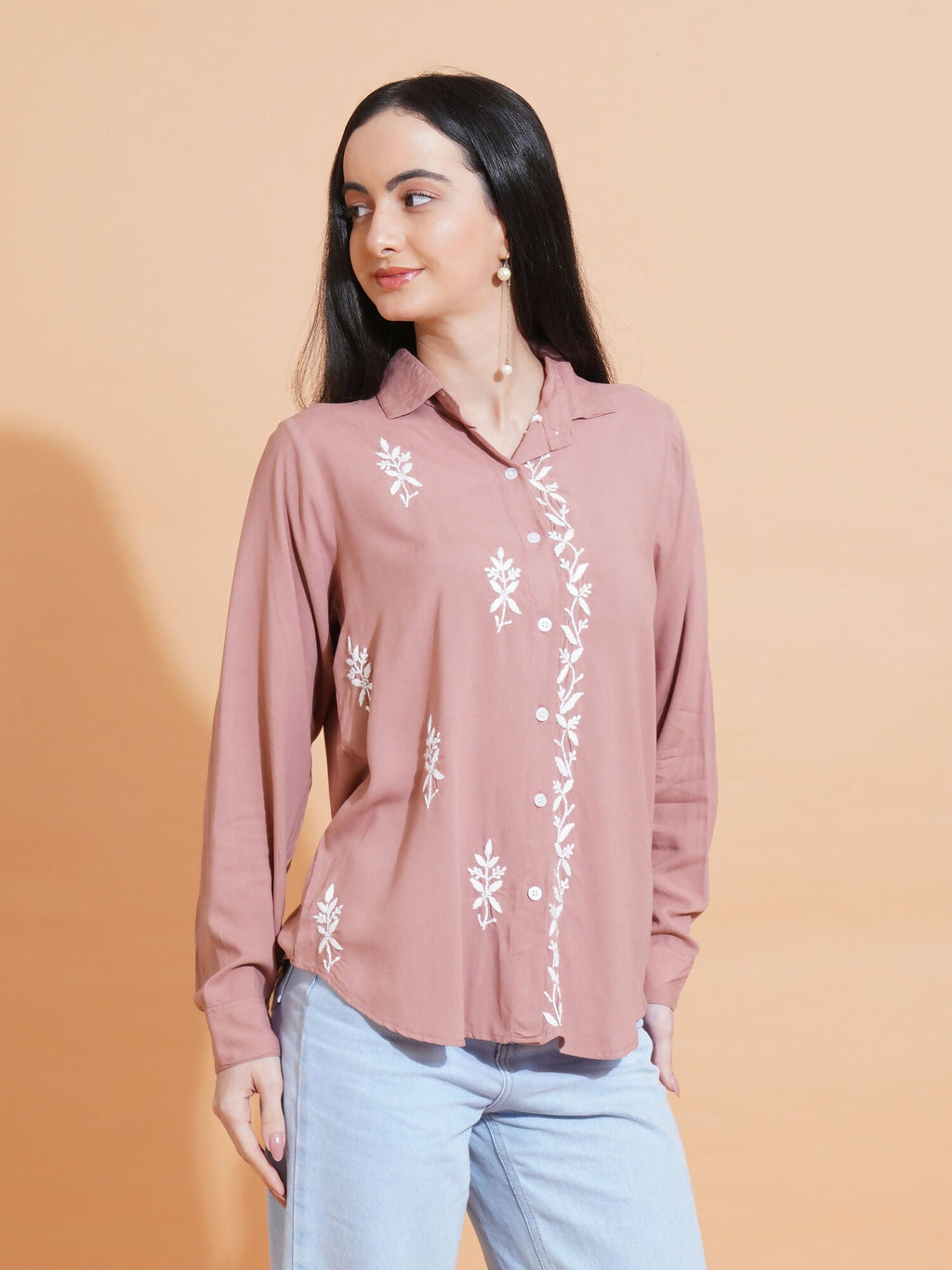 Pahnaz Modal Chikankari Handwork Shirt-Brown