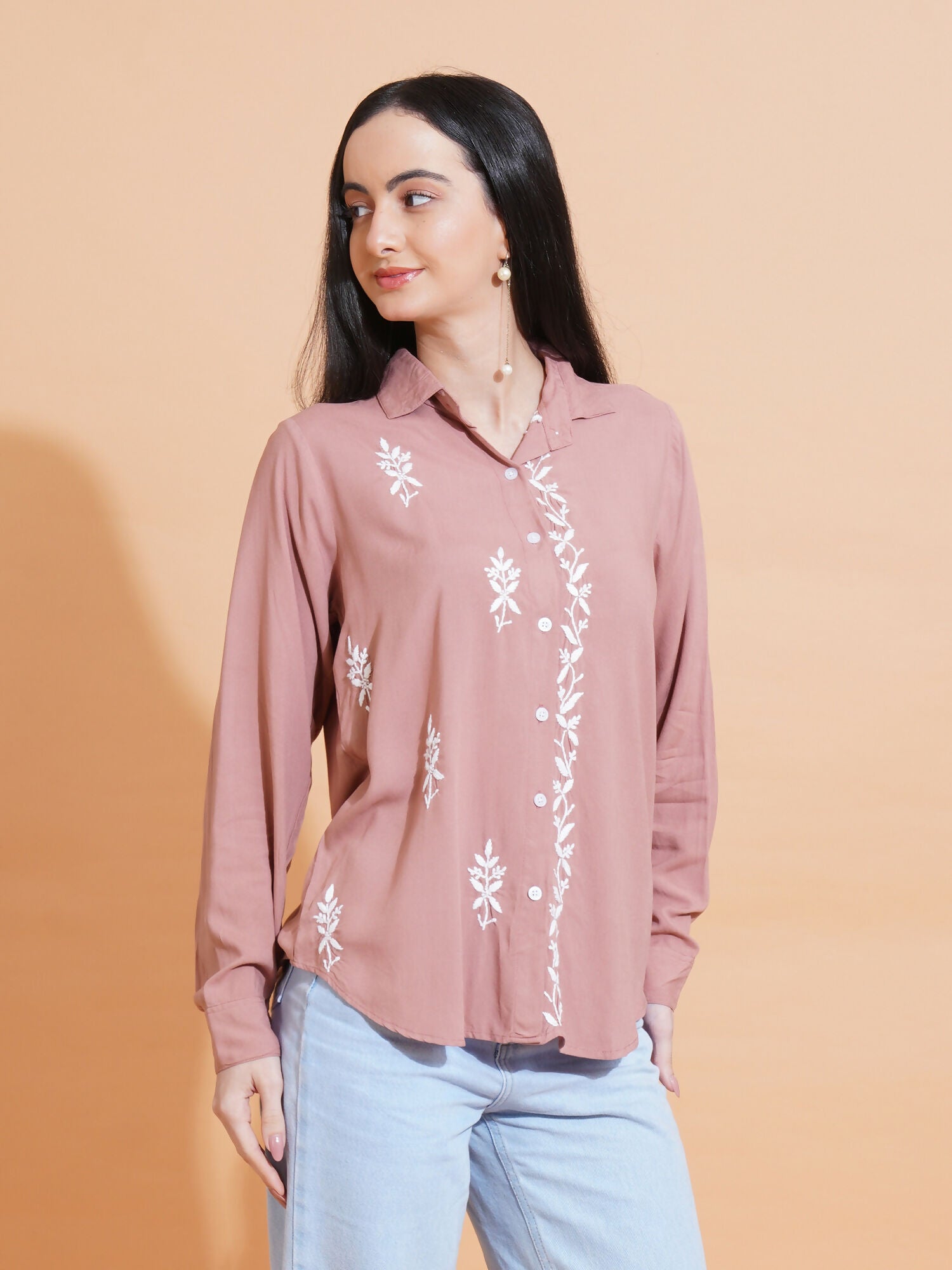 Pahnaz Modal Chikankari Handwork Shirt-Brown