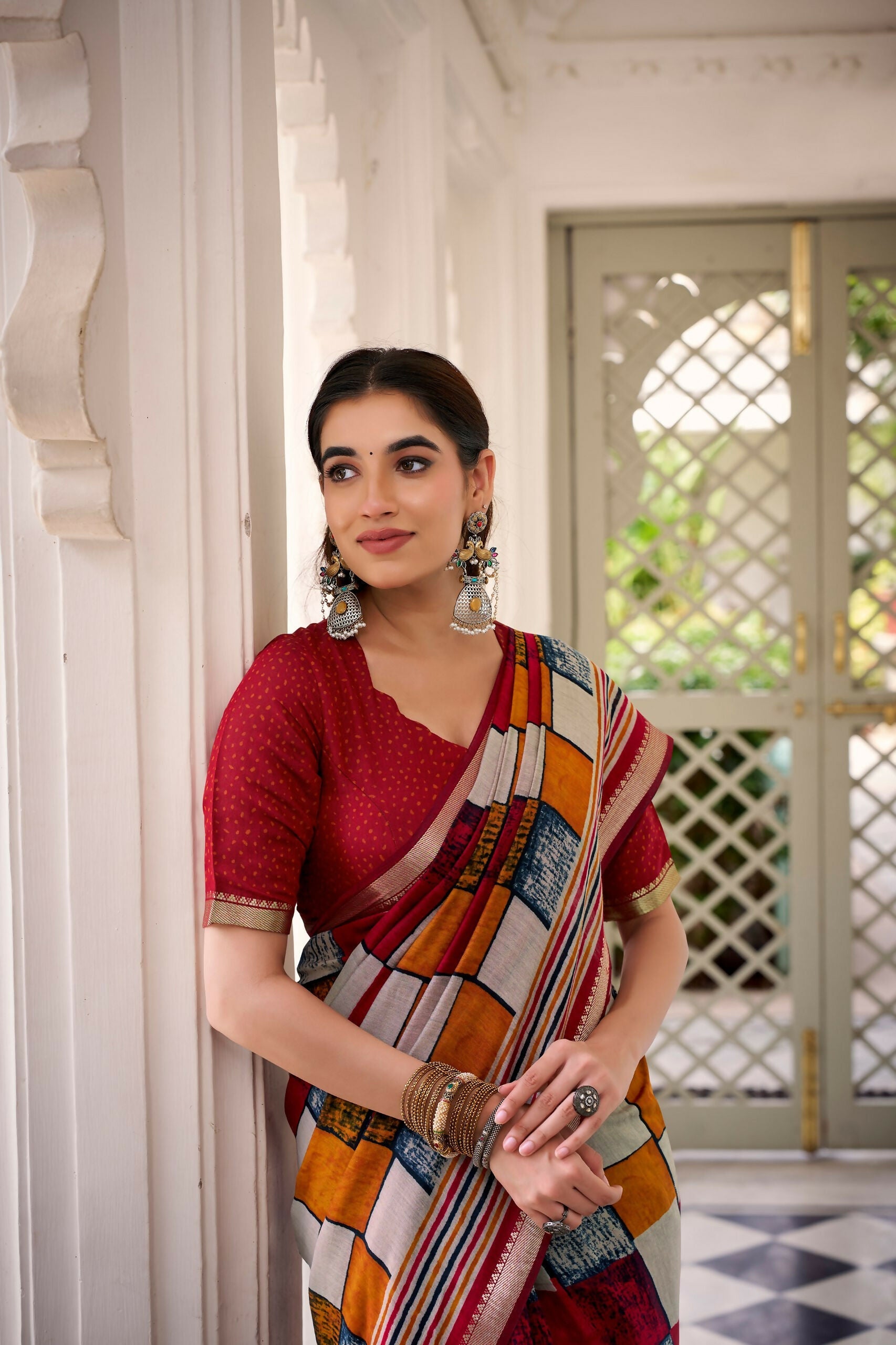 Vastranavya Maroon Viscose Chanderi Printed with Temple Border Saree & Unstitched Blouse