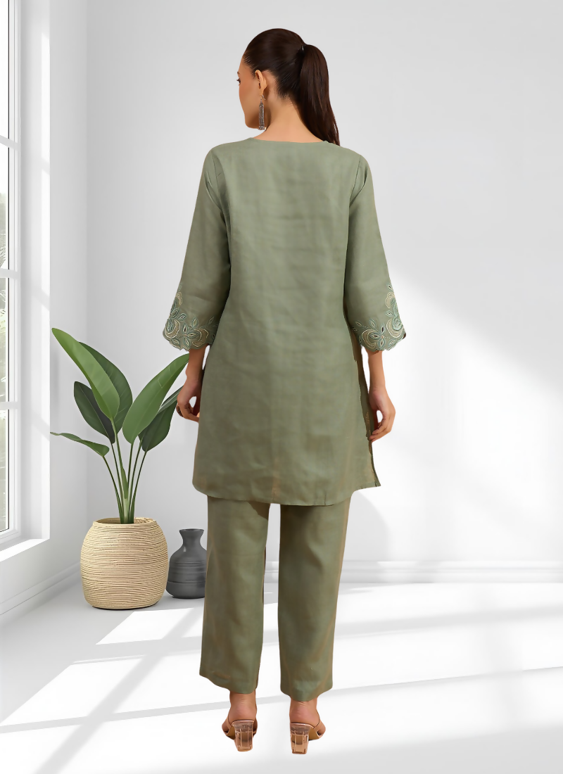 Joban Fashion Pista Green Linen Embroidered Readymade Cord Set