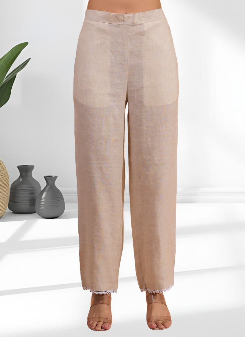 Joban Fashion Beige Linen Embroidered Readymade Long Kurta With Pant