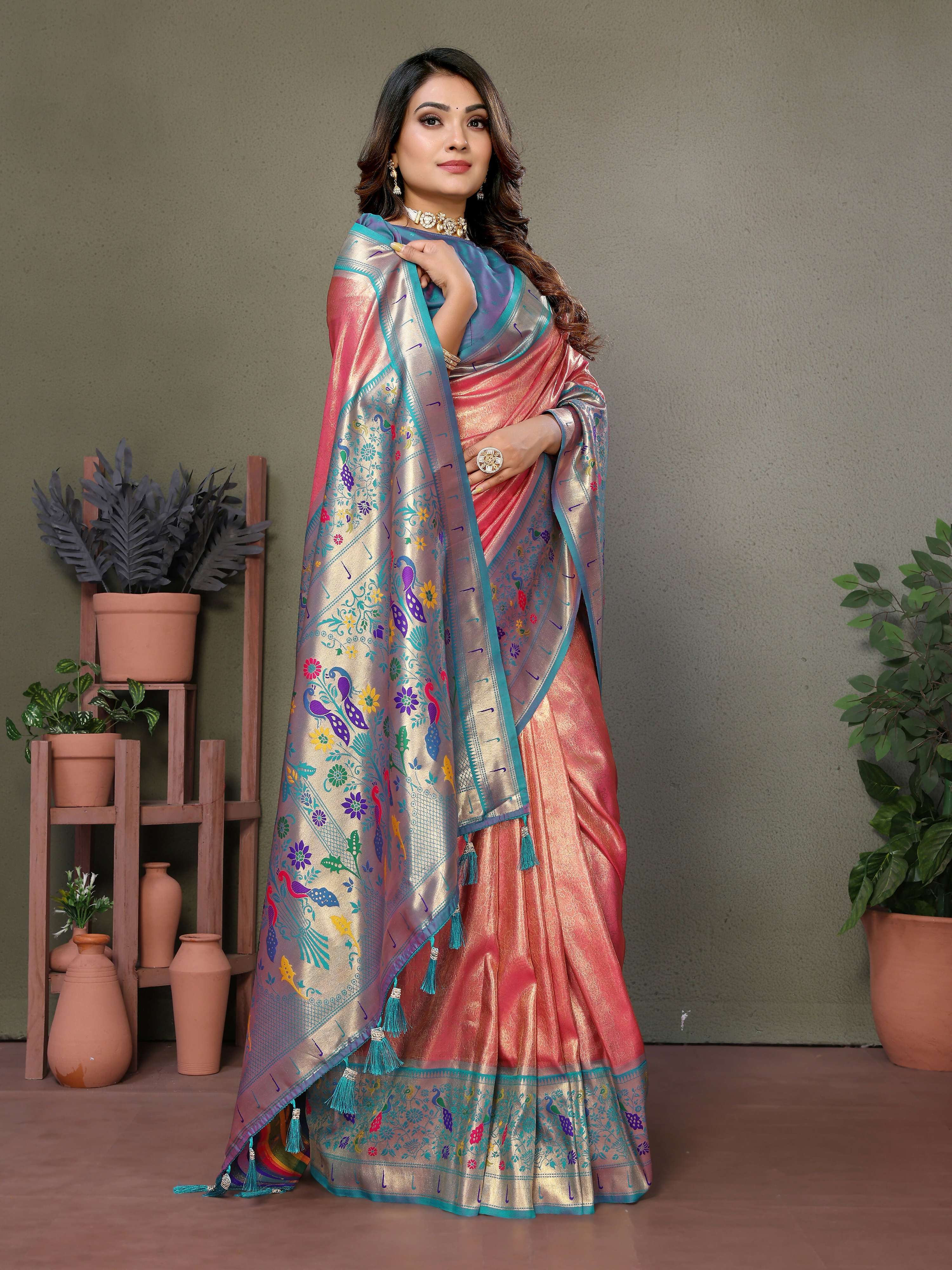 Aastha Fashion Dusty Pink Tissue Silk Paithani Woven Saree