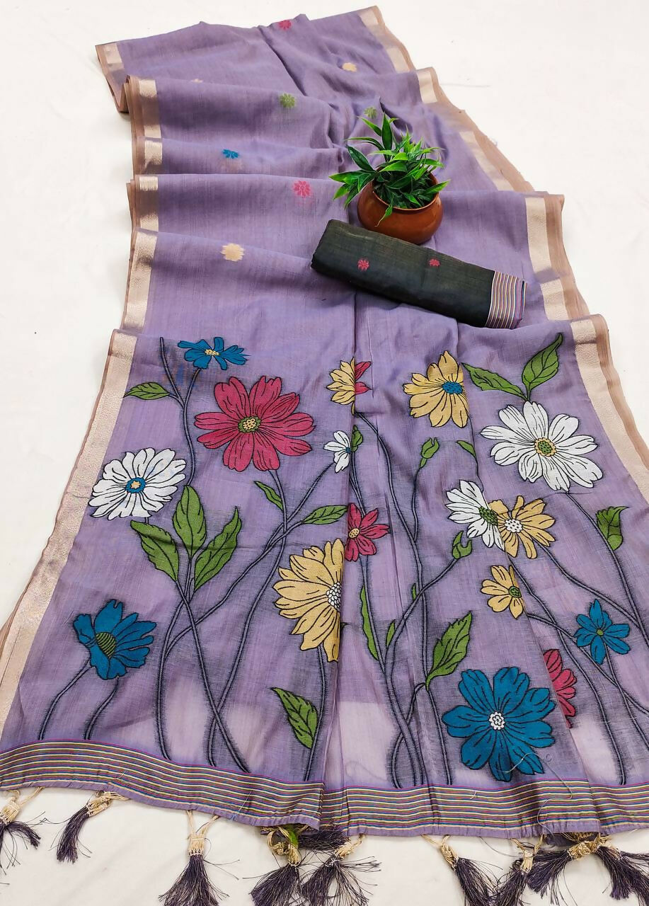 Vastranavya Lavender Muga Cotton Meenakari & Azarakh Pallu Saree with Contrast Blouse