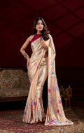 Vastranavya Cream Satin Silk Floral Printed with Pearl Lace Saree with Unstitched Blouse