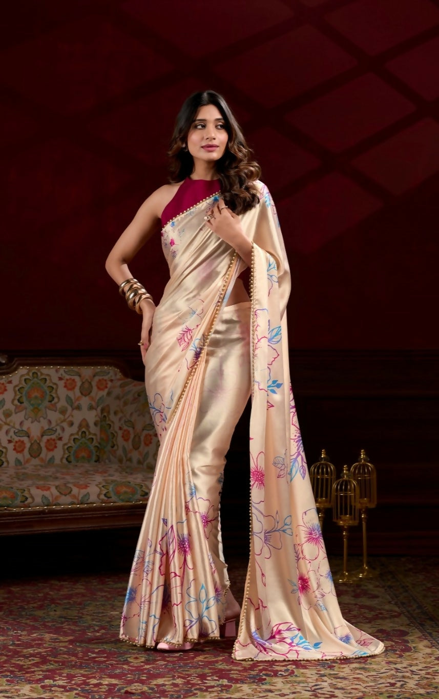 Vastranavya Cream Satin Silk Floral Printed with Pearl Lace Saree with Unstitched Blouse