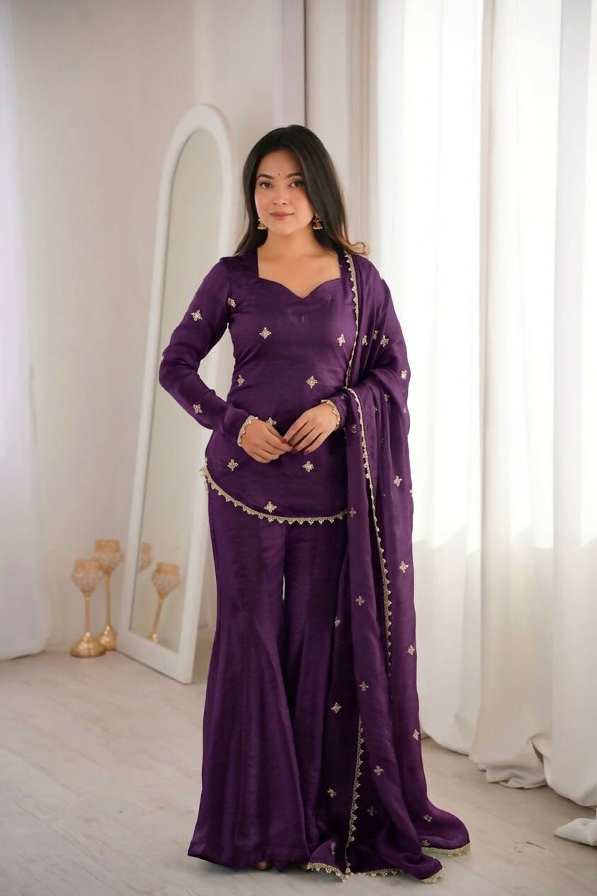 Teeya Creation New Womens Trendy Embroidery Sequence Work Purple Kurta Set