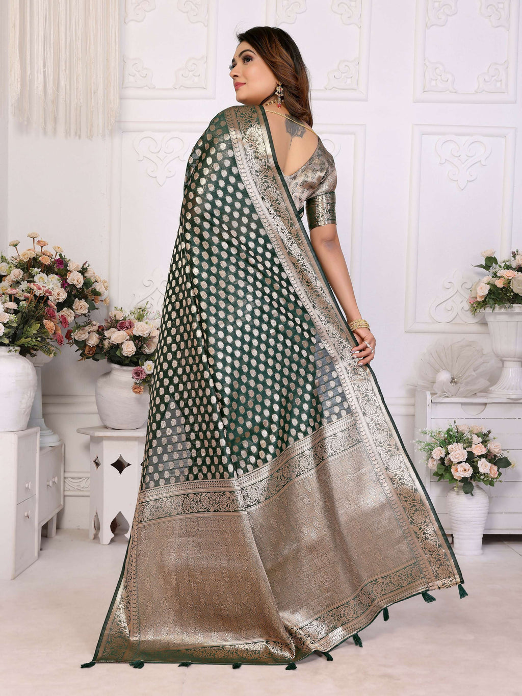 Aastha Fashion Dark Green Organza Silk Weaving Saree
