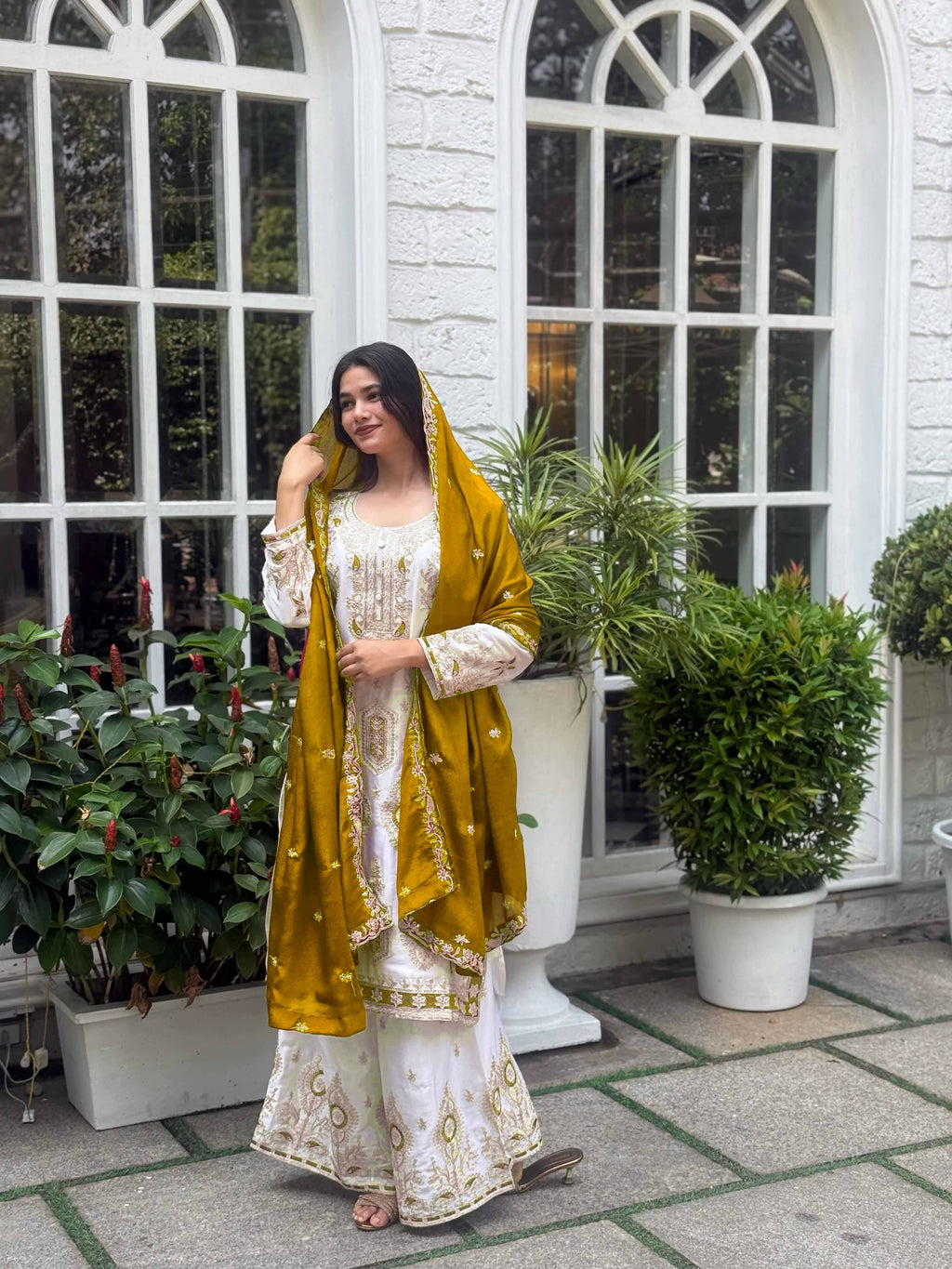 Teeya Creation White Color Chinon Silk Party Wear Trending Palazzo Set