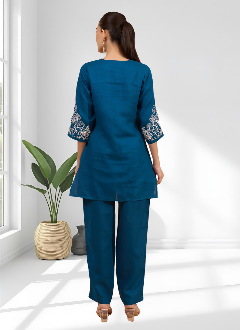 Joban Fashion Teal Linen Embroidered Readymade Cord Set