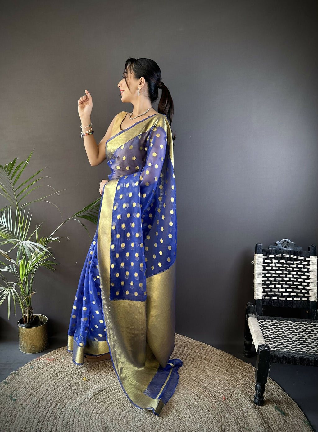 Joban Fashion Royal Blue Polka-Dot Zari Woven Organza Silk Banarasi Silk Saree