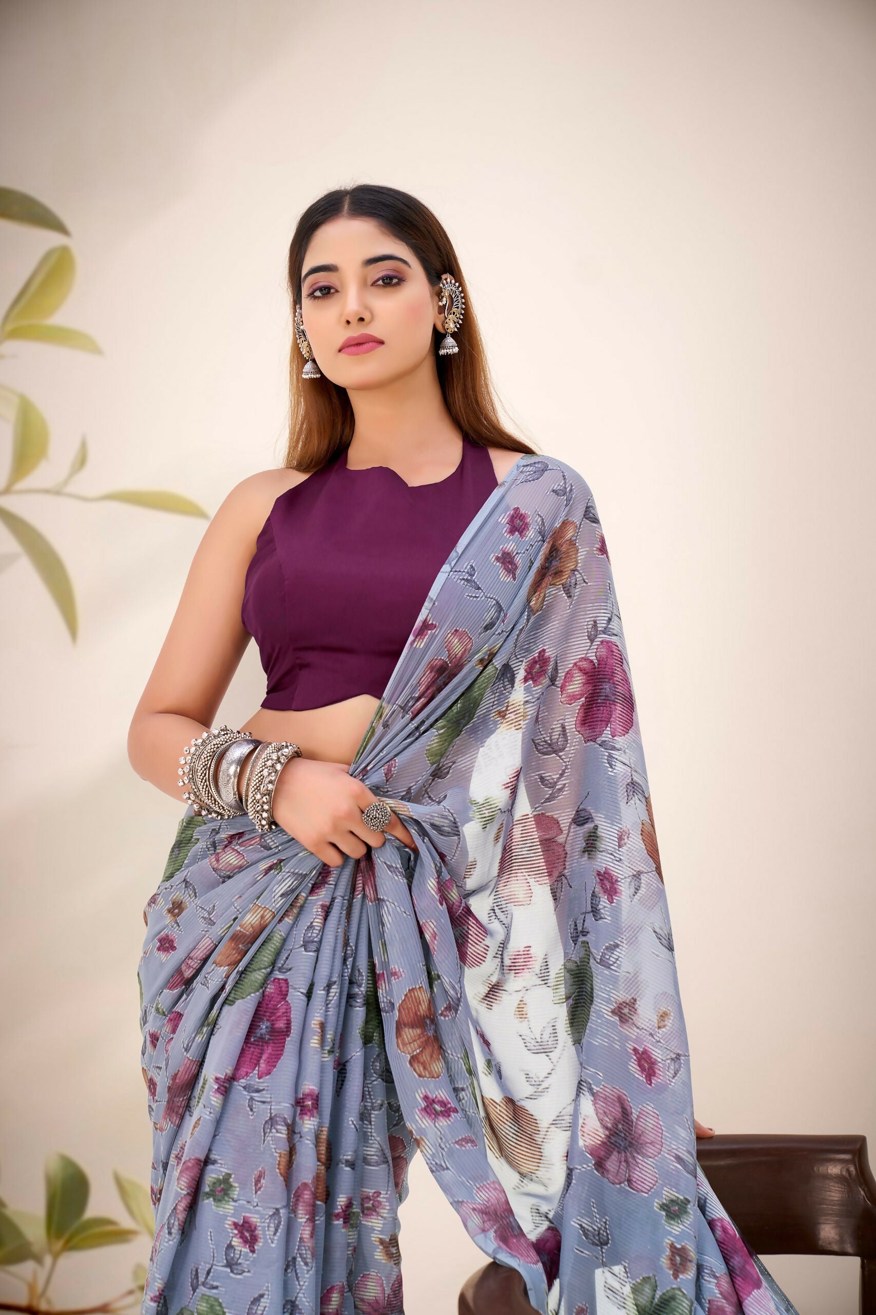 Vastranavya Grey Lurex Brasso Floral Printed Saree with Unstitched Blouse