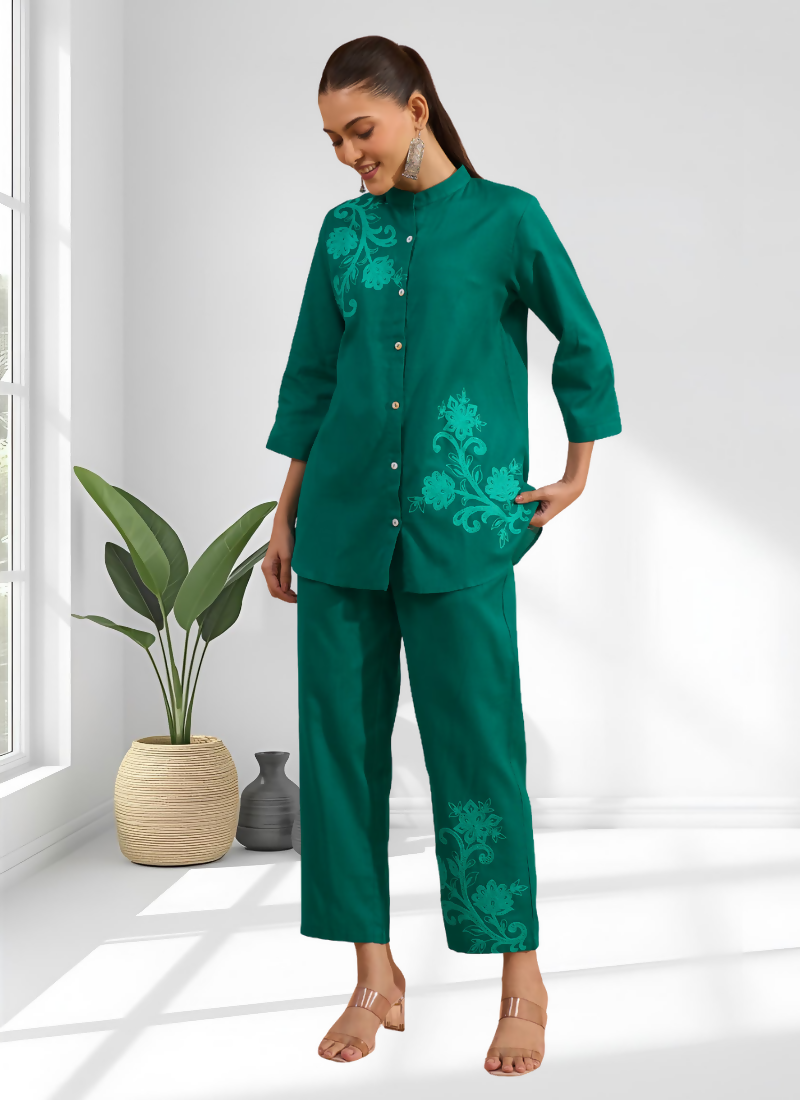 Joban Fashion Green Cotton, Linen Embroidered Readymade Cord Set