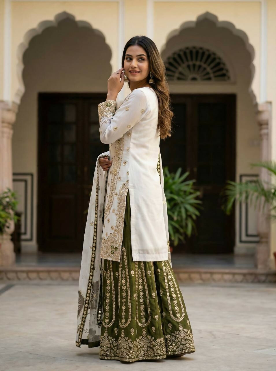 Teeya Creation Green Gimmy Silk Designer Embroidery Work Wedding Wear Palazzo Pair