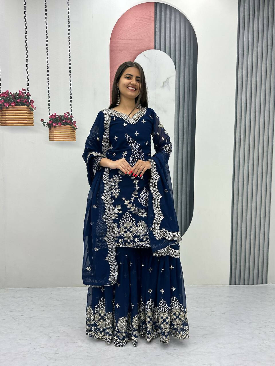 Teeya Creation Womens New Heavy Fox Georgette Fabric With Heavy Embroidery Work Dark-Navy-Blue Kurta Set
