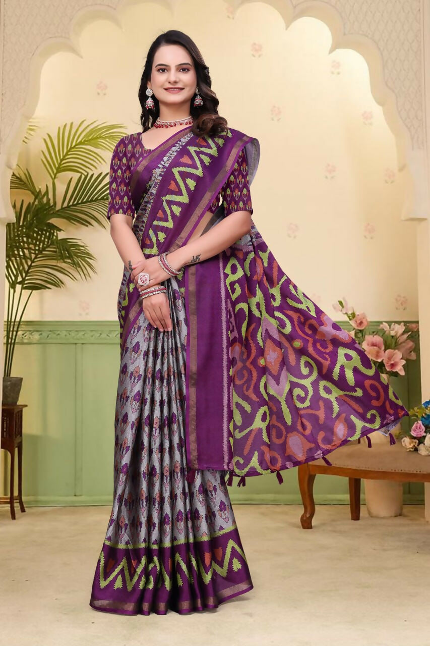 Prime Volt Mal Cotton Purple Ethnic Printed Saree with Designer Blouse Piece