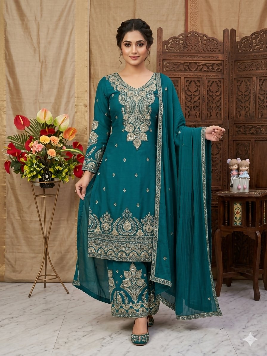Teeya Creation Womens New Wedding Wear Heavy Embroidery Thread Work Teal Kurta Set