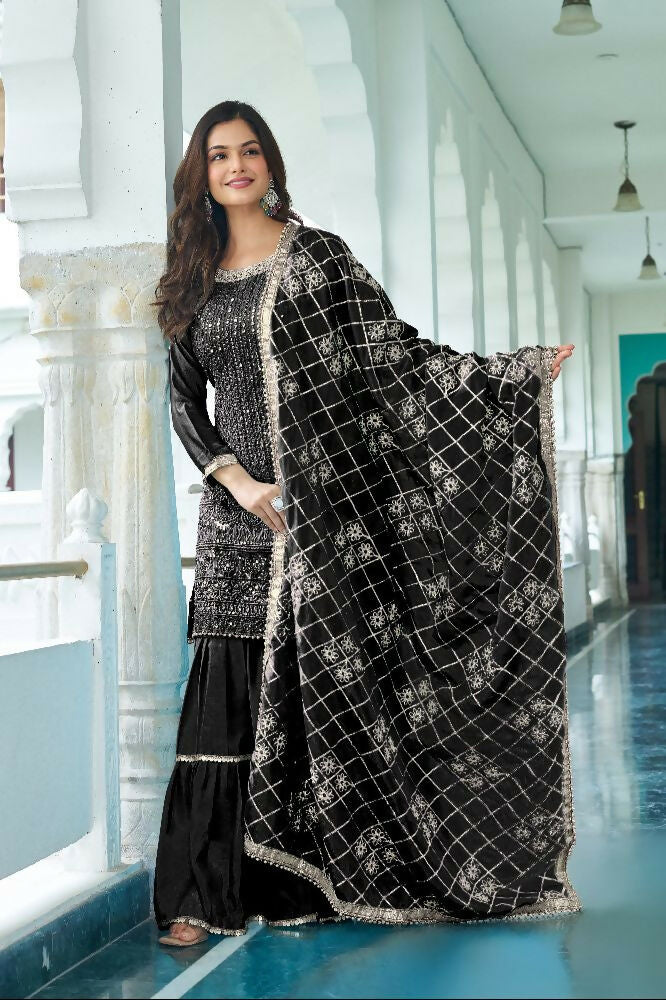 Teeya Creation Black Colour Chinnon Silk Heavy Embroidery Work Fully Stitched Salwar Suit
