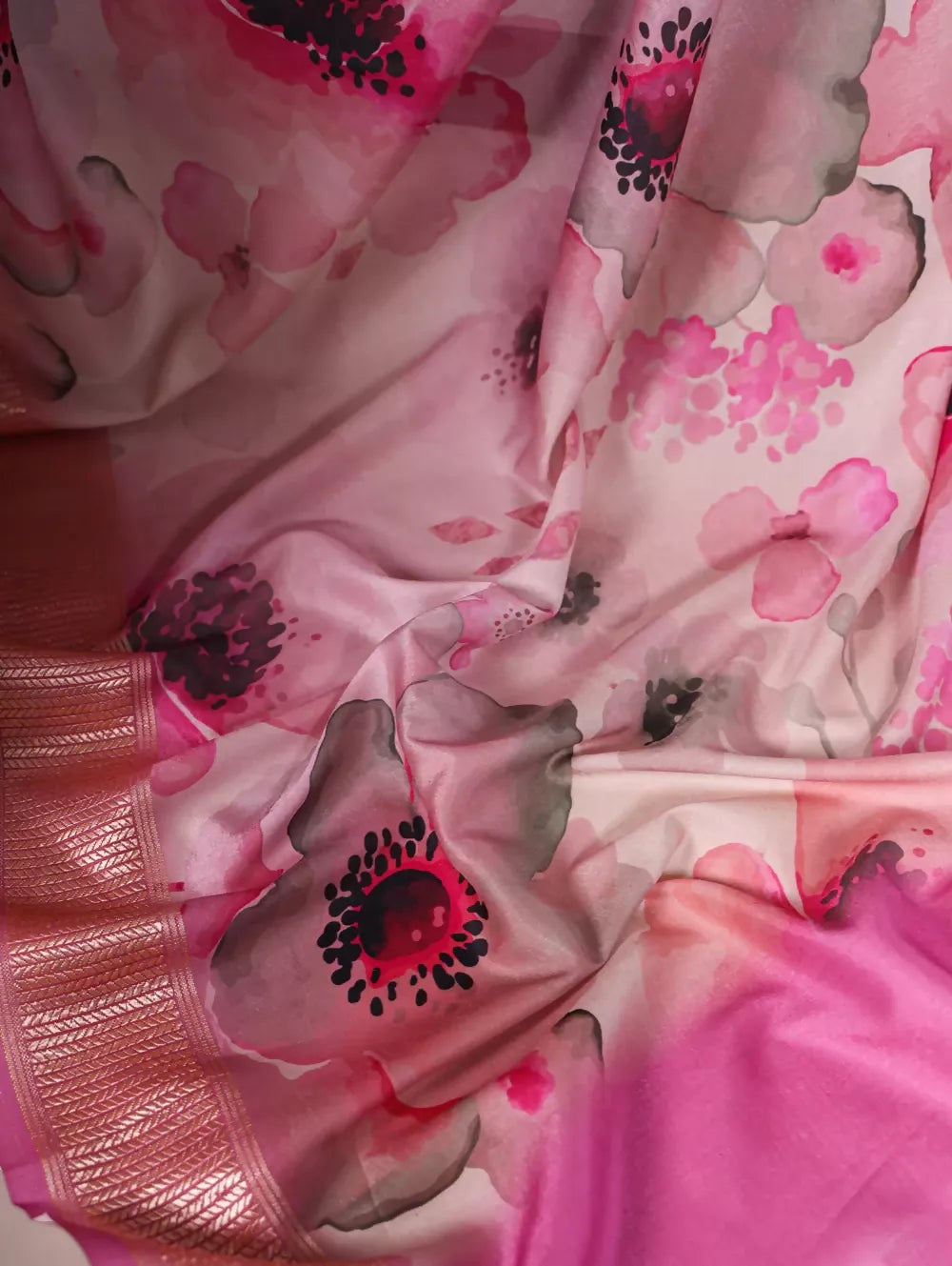 Vastranavya Pink Tussar Silk Printed with Viscose Border Saree with Unstitched Blouse