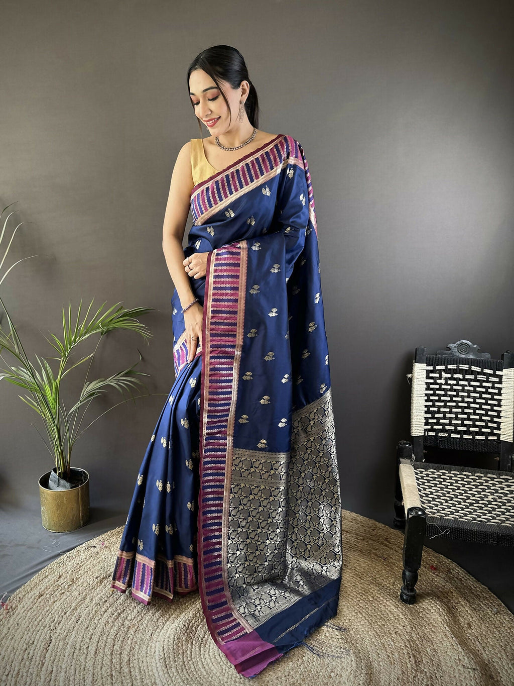 Joban Fashion Royal Blue Woven Zari Motifs Lichi Silk Banarasi Silk Saree