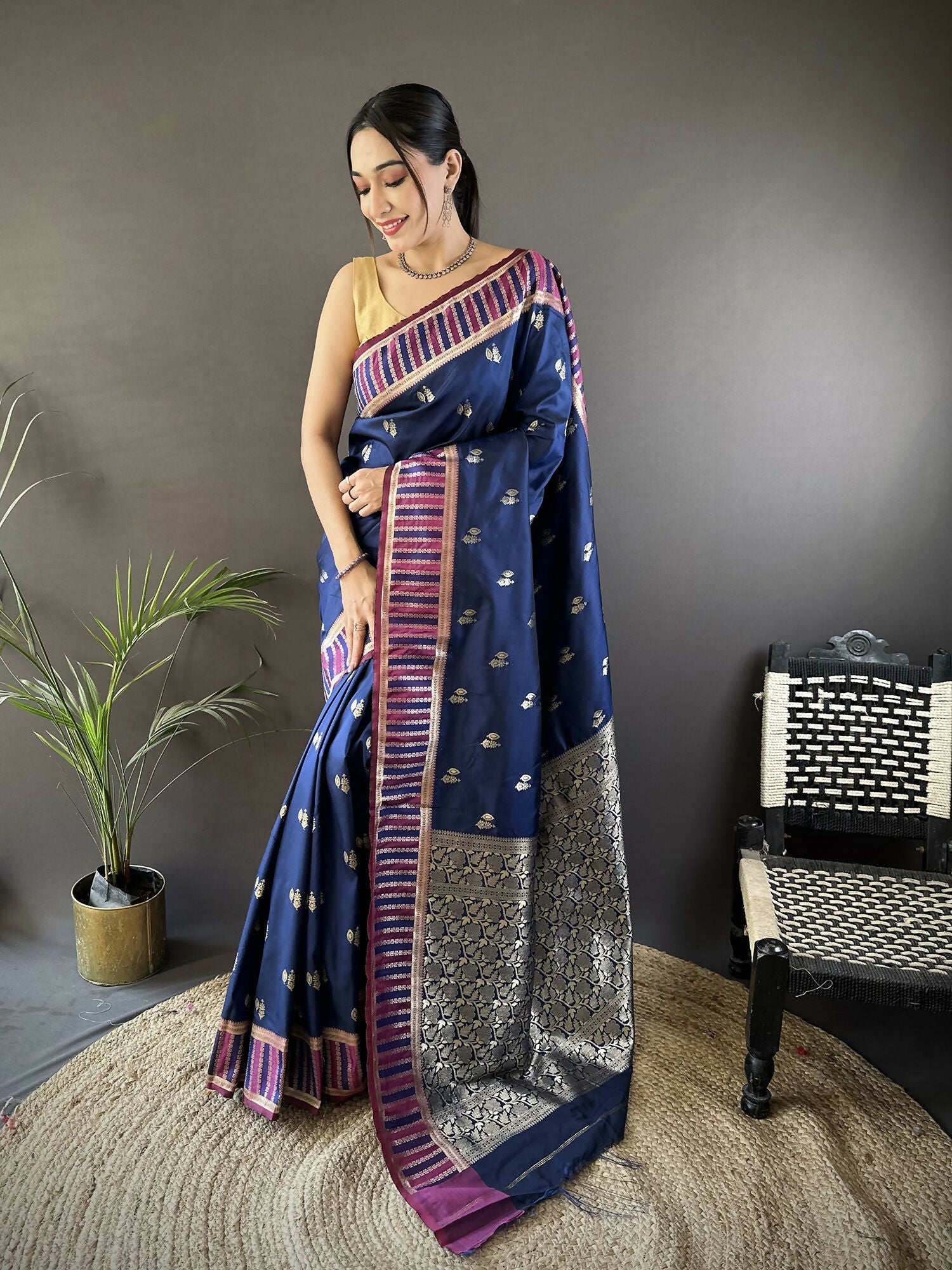 Joban Fashion Royal Blue Woven Zari Motifs Lichi Silk Banarasi Silk Saree