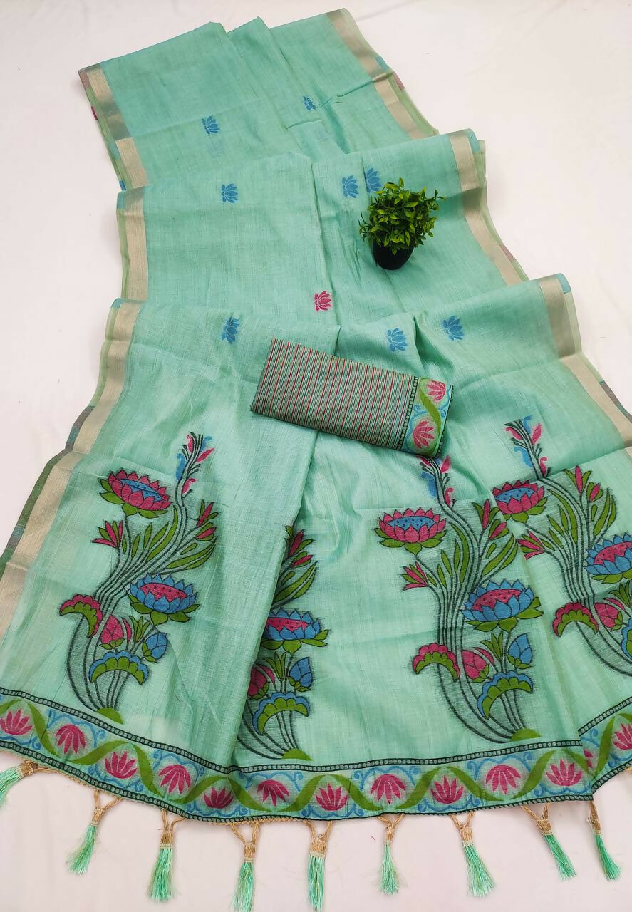 Vastranavya Sky Blue Muga Cotton Meenakari & Azarakh Pallu Saree with Contrast Blouse