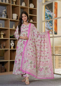 Jaimini Women Cotton Printed Round Neck 3/4 Sleeves Calf Length Flared Kurta Pant And Dupatta Set