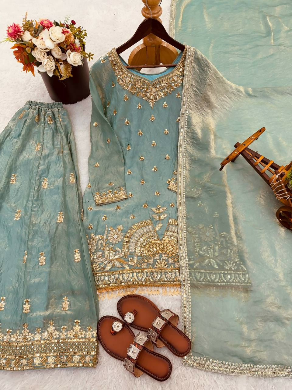 Teeya Creation Teal Fendy Silk Heavy Embroidery Work Party Wear Palazzo Suit