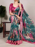 Vastranavya Green Tussar Silk Printed with Viscose Border Saree with Unstitched Blouse