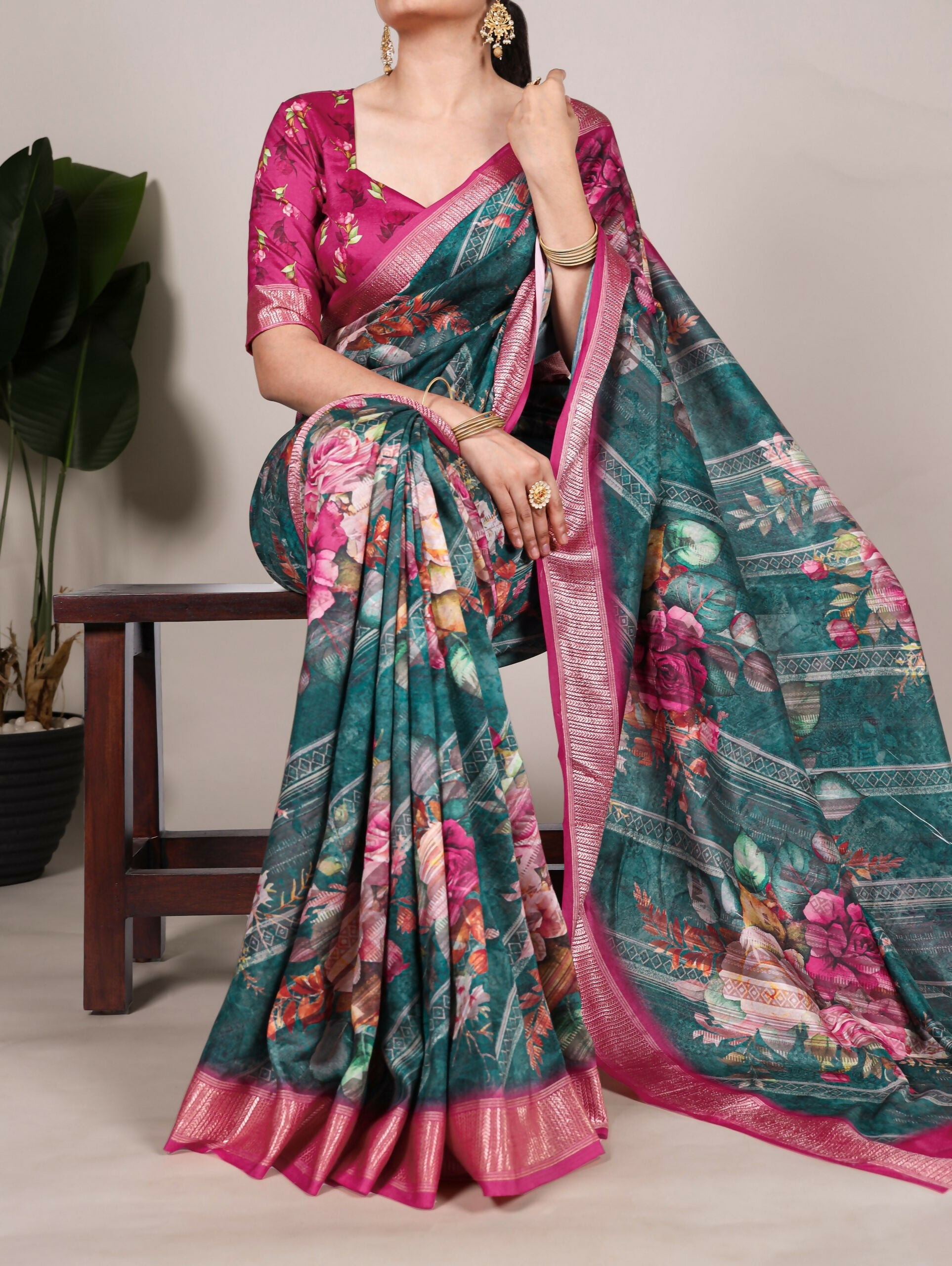 Vastranavya Green Tussar Silk Printed with Viscose Border Saree with Unstitched Blouse