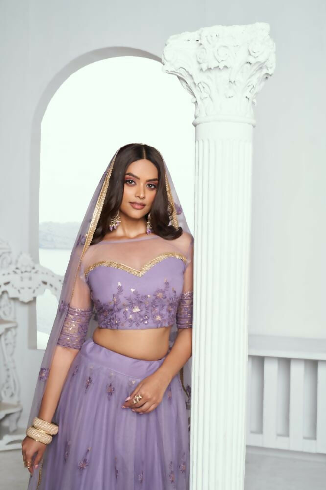 Aastha Fashion Lavender Butterfly Net Tone To Tone Cotton Thread Work And Sequence Work Embroidery Wedding Wear Lehenga Choli