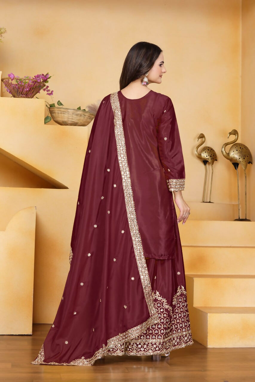 Teeya Creation Maroon Color Natural Crepe Silk Wedding Wear Trending Palazzo Set