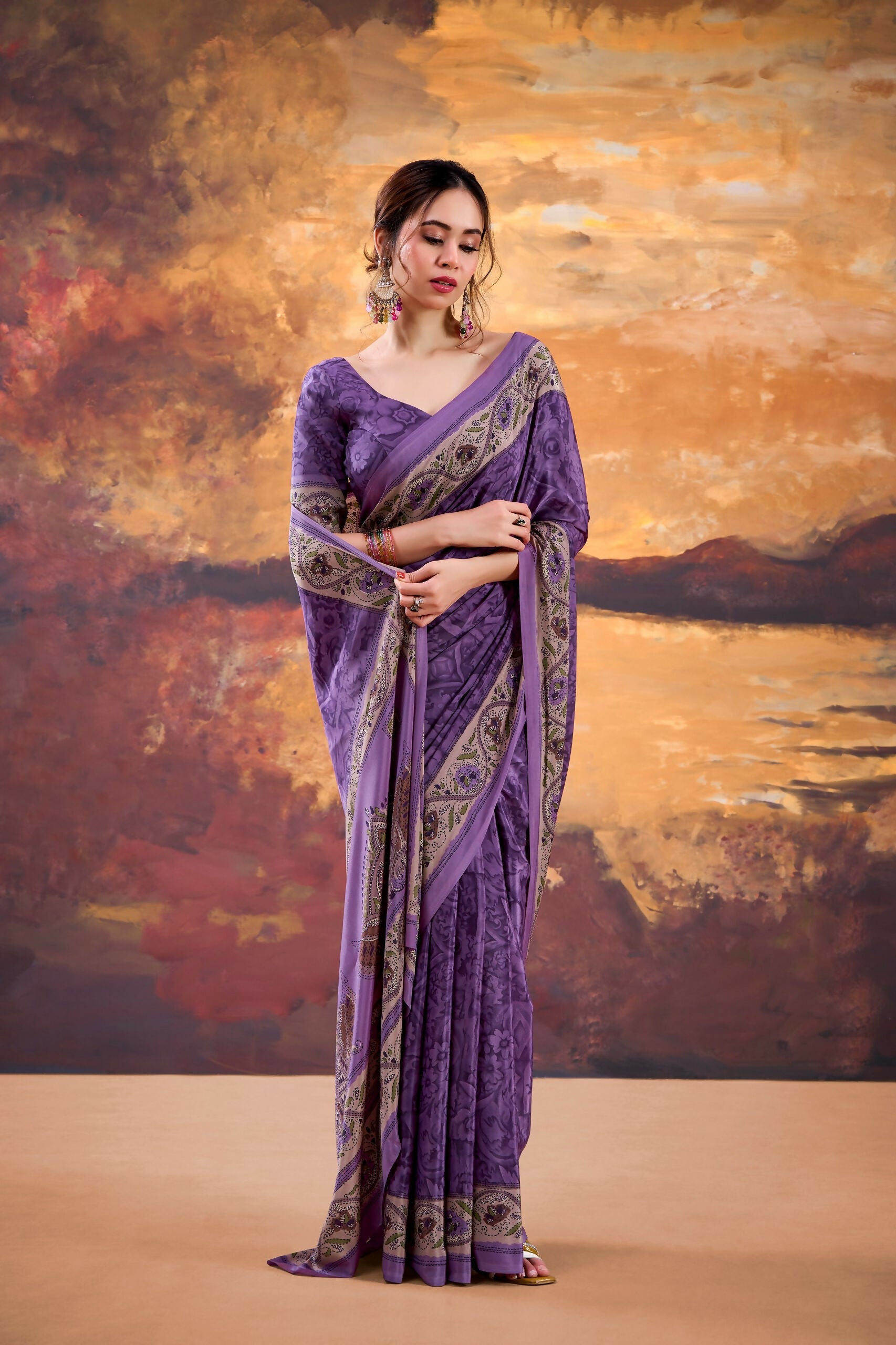 Vastranavya Purple Crepe Printed Saree with Unstitched Blouse