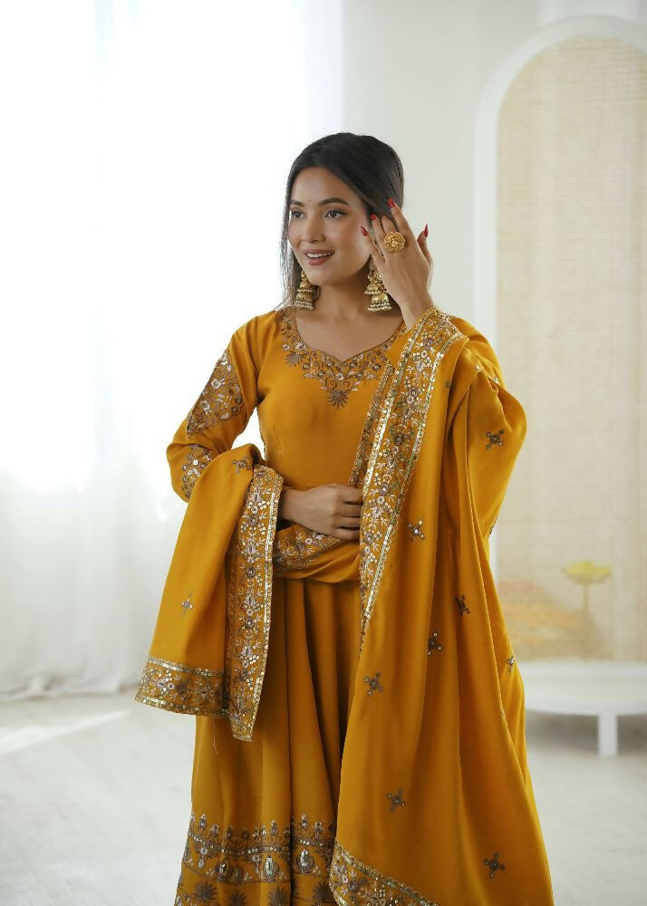 Teeya Creation Yellow Roman Silk Embroidery Work Party Wear long Gown