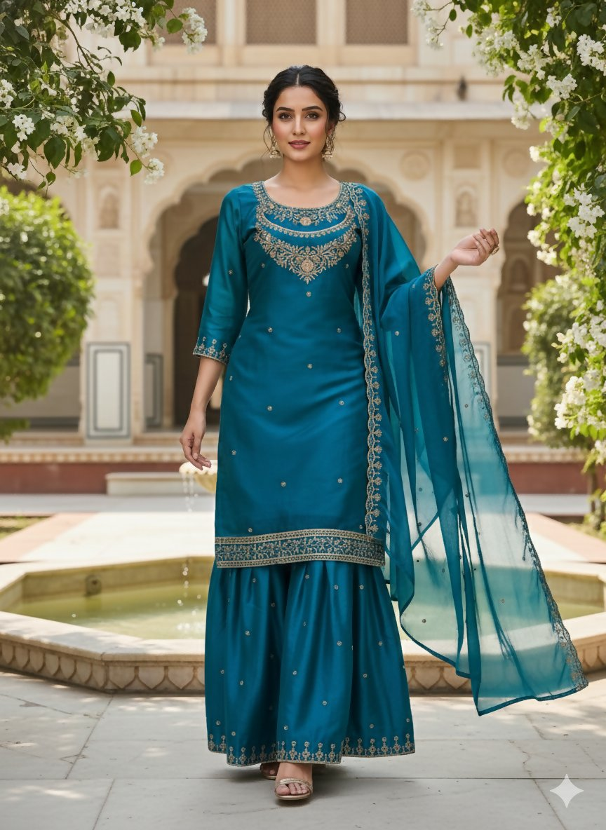 Teeya Creation Teal Color Fendy Satin Silk Heavy Embroidery Work Sharara Suit
