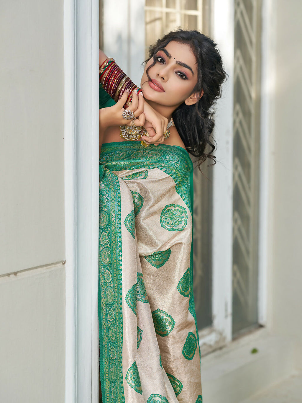 Shree Shyam Fashion Cream With Sea Green Silk Blend Saree