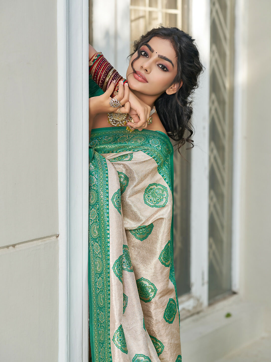 Shree Shyam Fashion Cream With Sea Green Silk Blend Saree